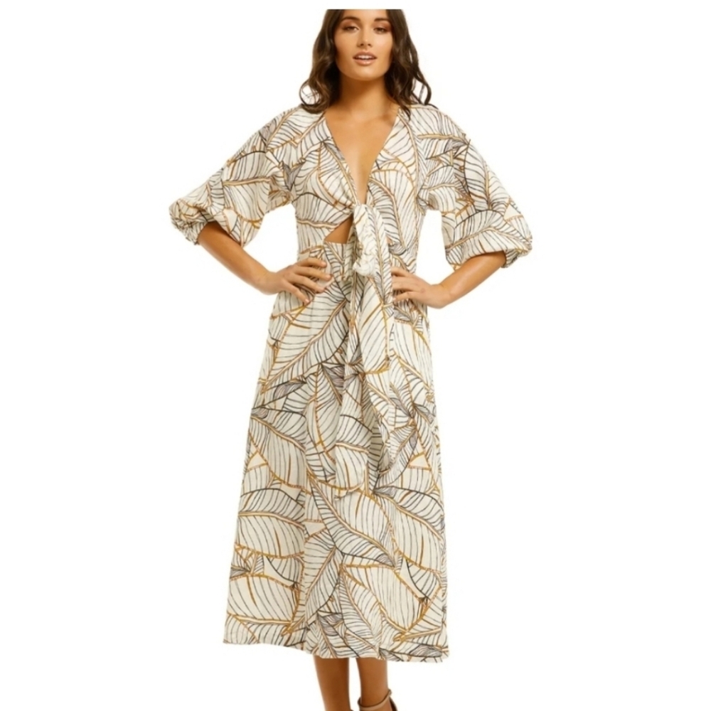 NICHOLAS Asilah Cream and Tan Leaf Pattern Dress Size 2